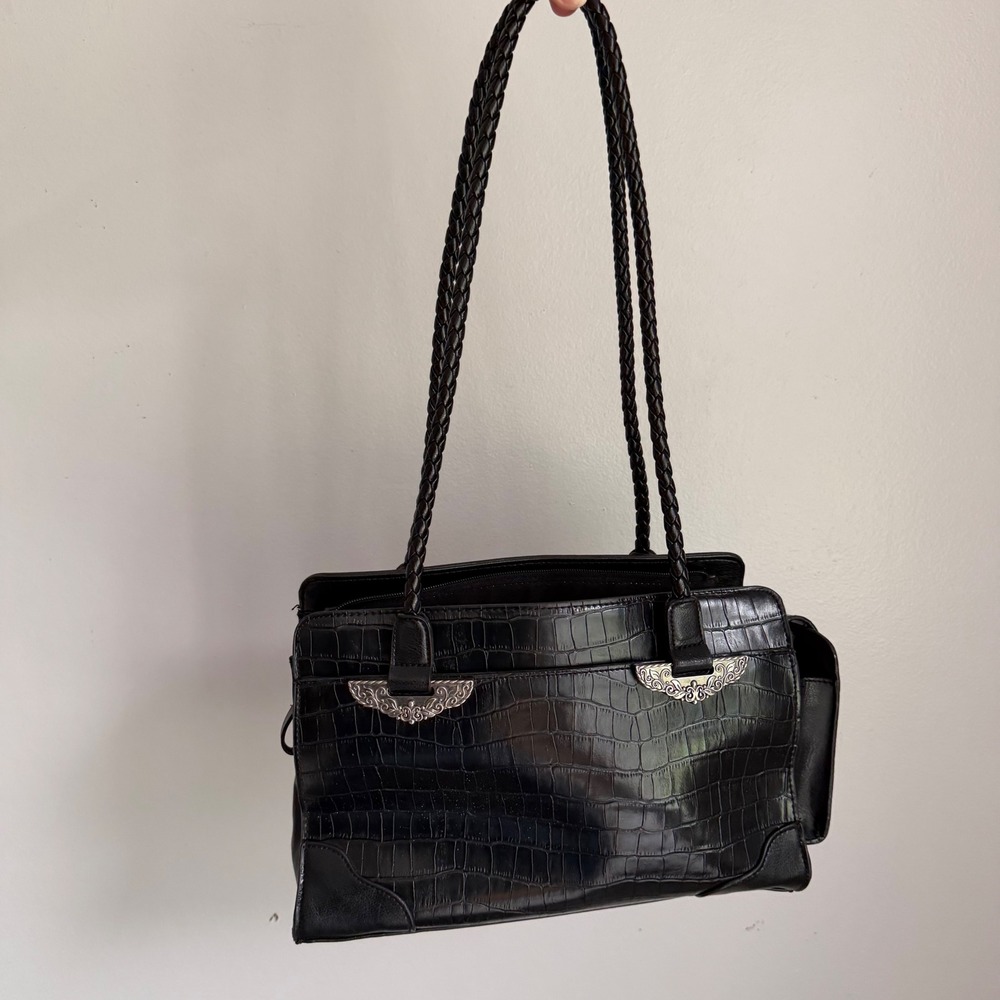 Black Croc Embossed Shoulder Bag Western Silver Hardware Braided Straps‎